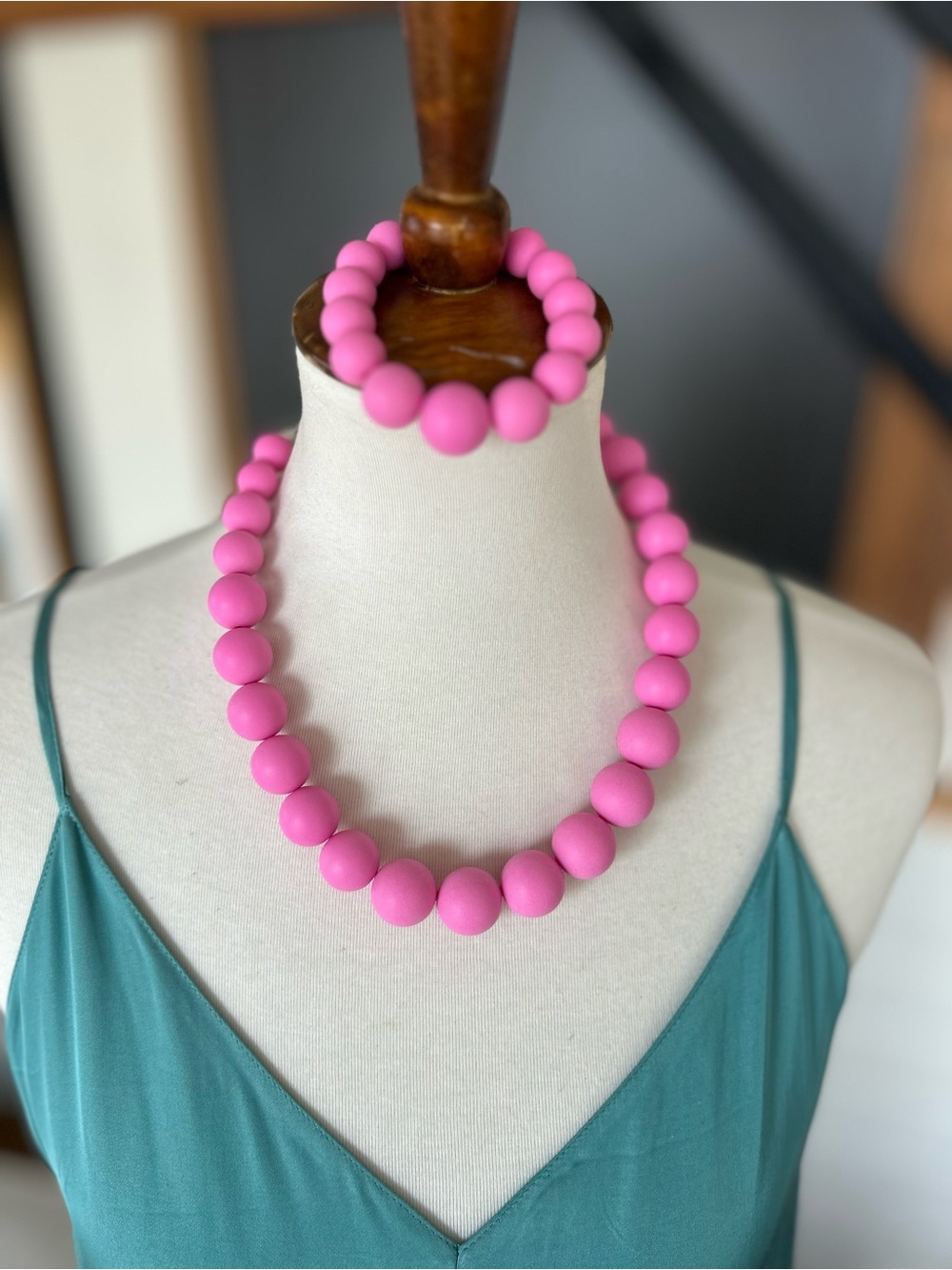 Hot Pink Chunky Beaded Necklace & Bracelet Set Coastal Statement Jewelry New